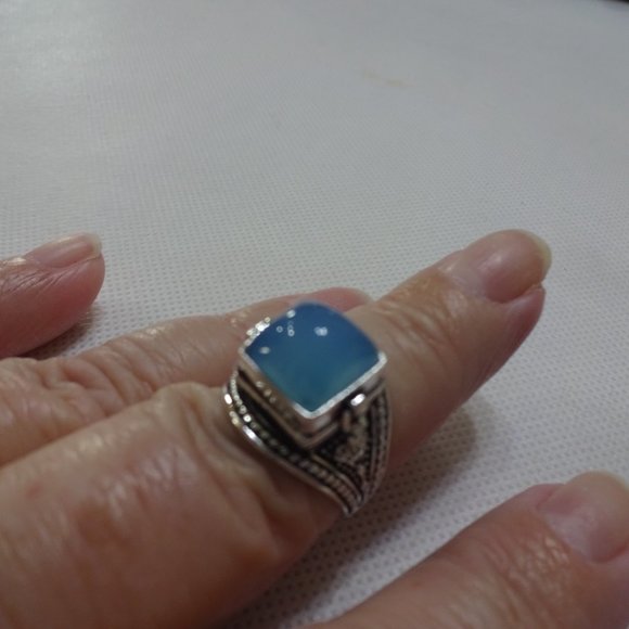 Unique "BLUE CHALCEDONY" POISON BOX Handmade Sterling Ring Size 8.25 #747A - Picture 3 of 3